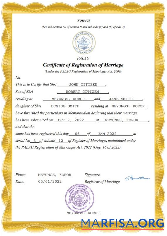 Blank Palau marriage certificate Word and PDF template